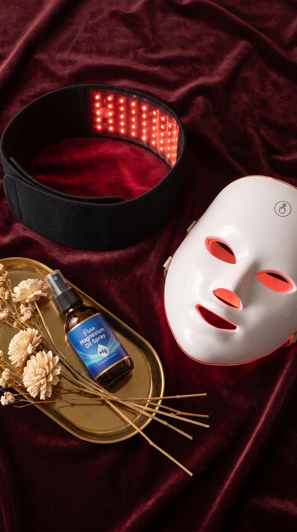 Glouren She Recovers Bundle including the Infrared Therapy Belt, Magnesium Oil Spray and LED Face Mask