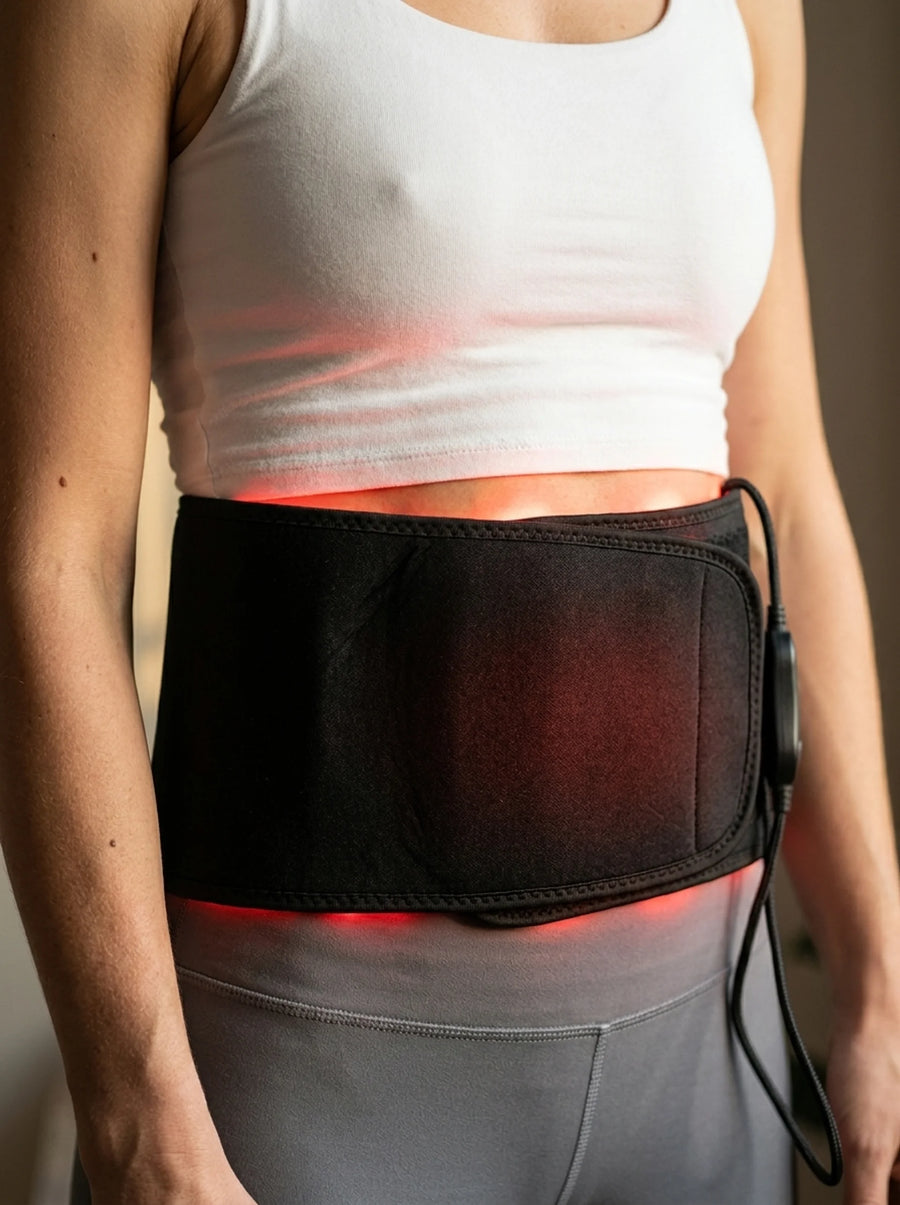 Glouren Infrared Therapy Waist Belt with 105 dual-chip red and near-infrared LED panels and handheld controller