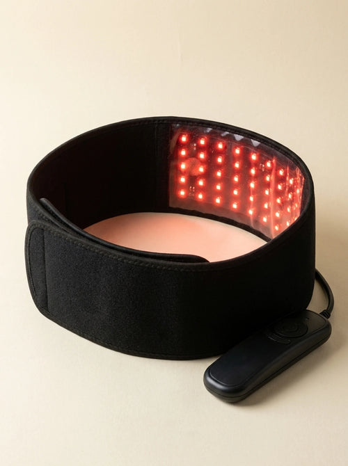 Glouren red light therapy belt worn around the waist for lower back and abdominal pain relief