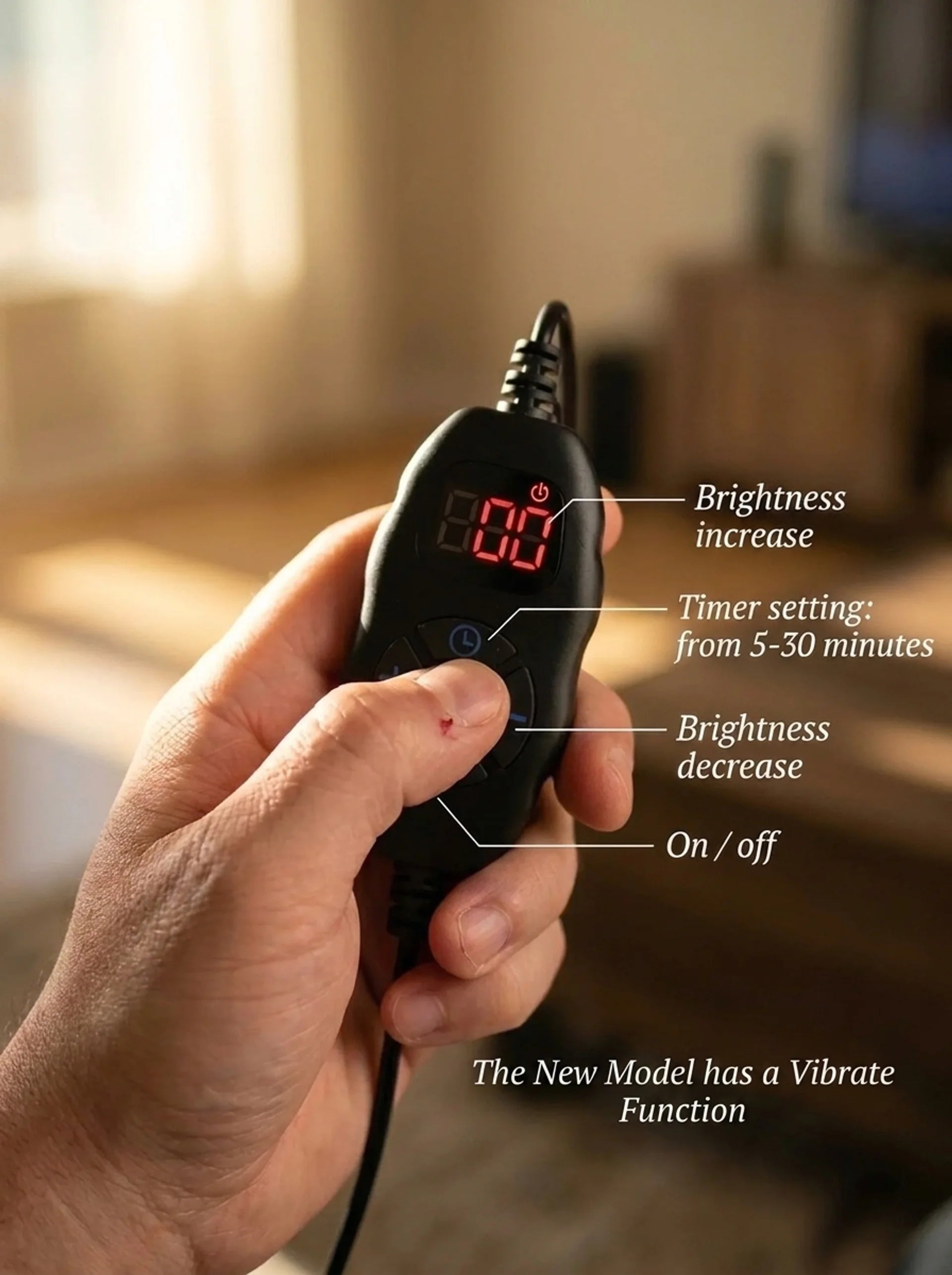 Handheld LED controller for the Glouren infrared therapy belt showing timer and brightness settings