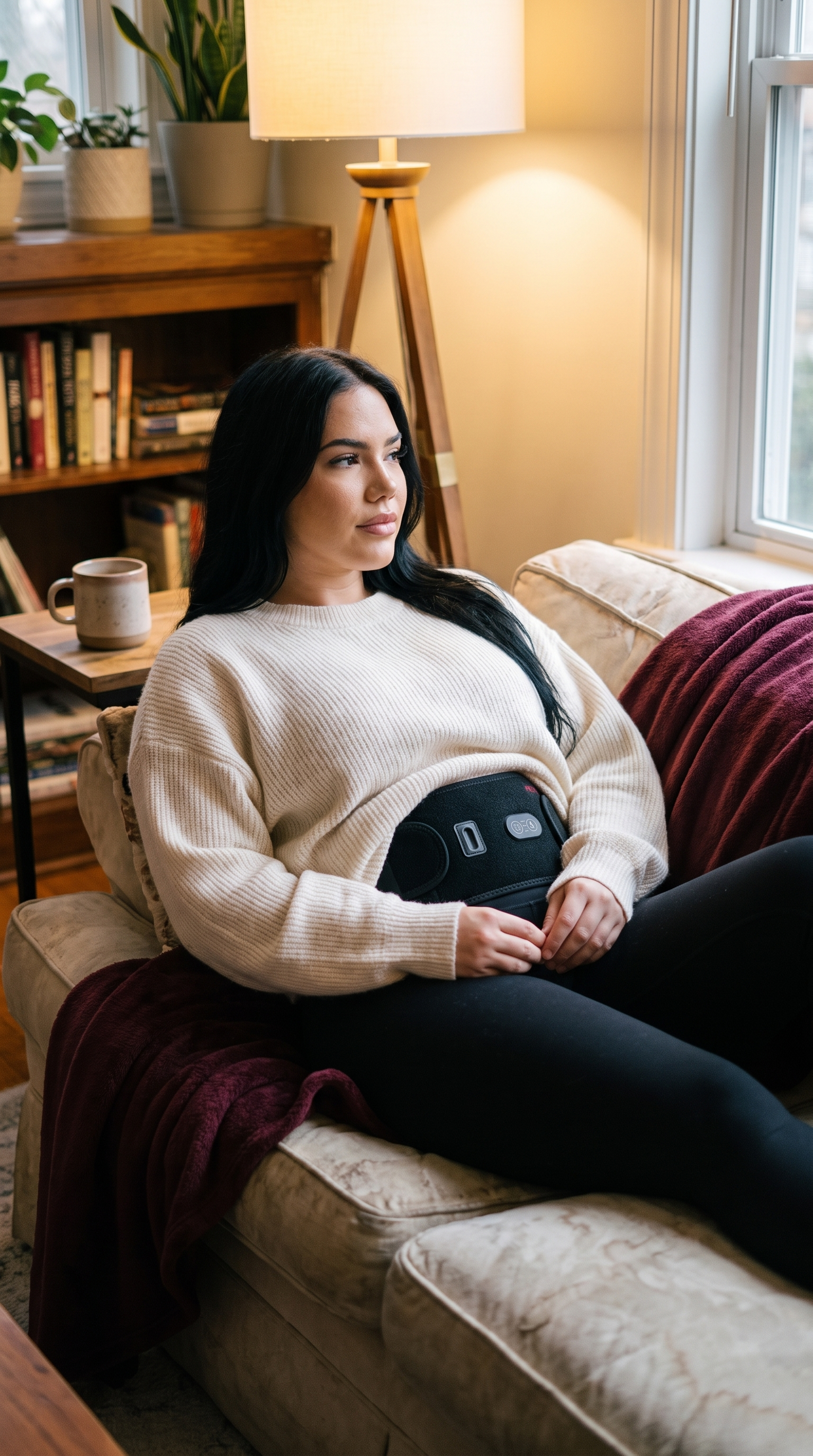 Person wearing the Glouren Warming Relief Belt around their waist
