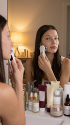 Person using the Glouren face wand as part of an at-home skincare routine