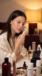 Person using the Glouren red light therapy face wand on their cheek