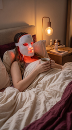 Person relaxing in bed while wearing the Glouren LED Face Mask