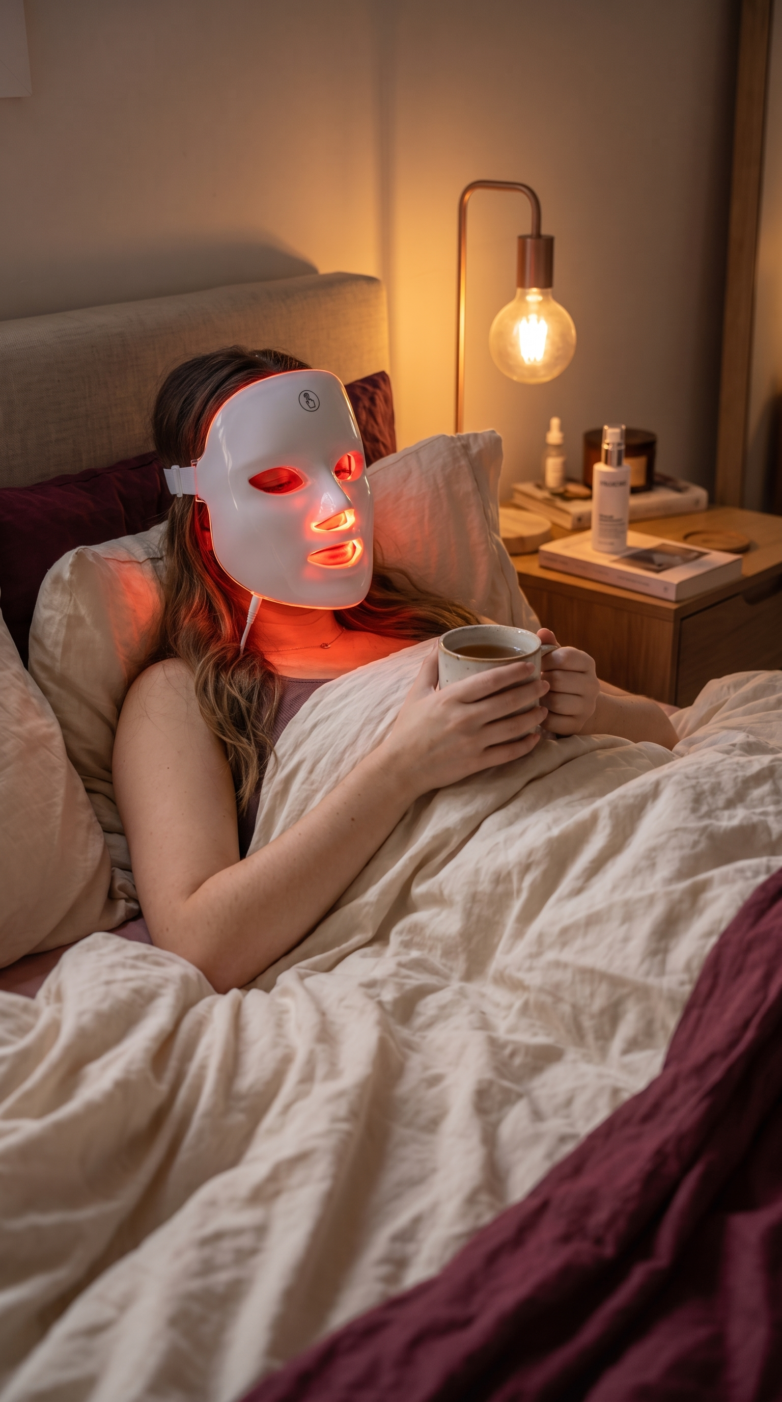 Person relaxing in bed while wearing the Glouren LED Face Mask