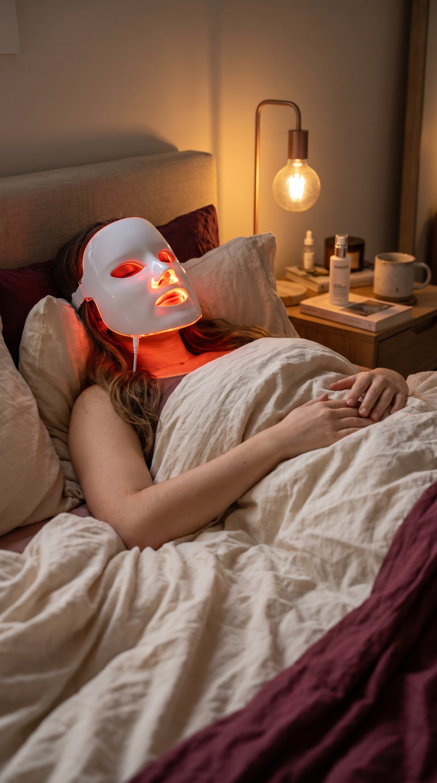 Person wearing the Glouren LED Face Mask during a red light therapy session