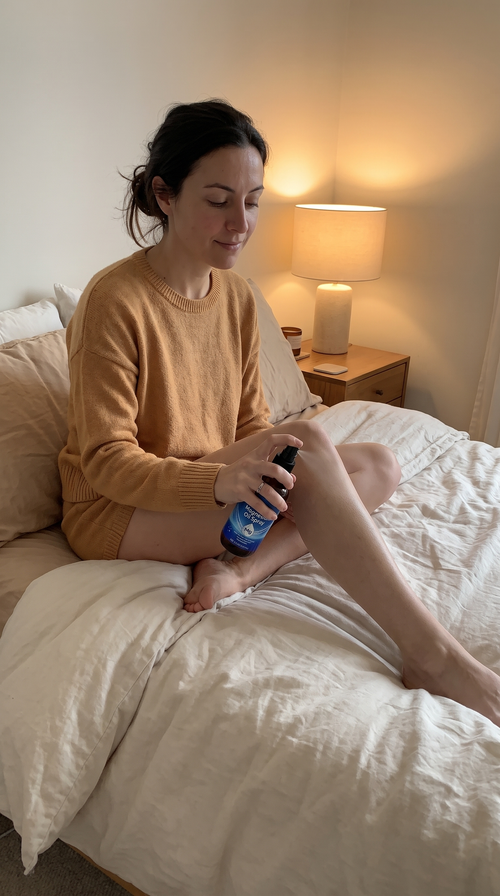 Person applying Glouren magnesium oil spray to their leg