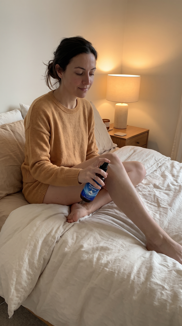 Person applying Glouren magnesium oil spray to their leg