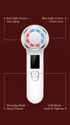 Glouren face wand feature diagram showing red light, blue light, warming and cold compression modes